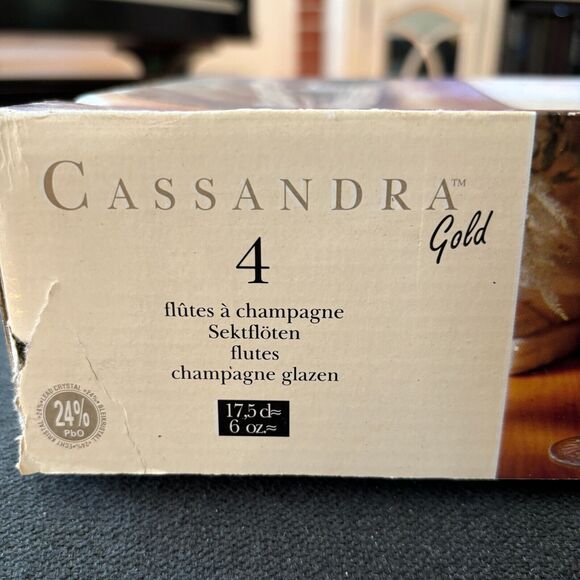 NEW (4) CASSANDRA Gold Rimmed Crystal Champagne Flutes Made in France IN BOX - Picture 6 of 8